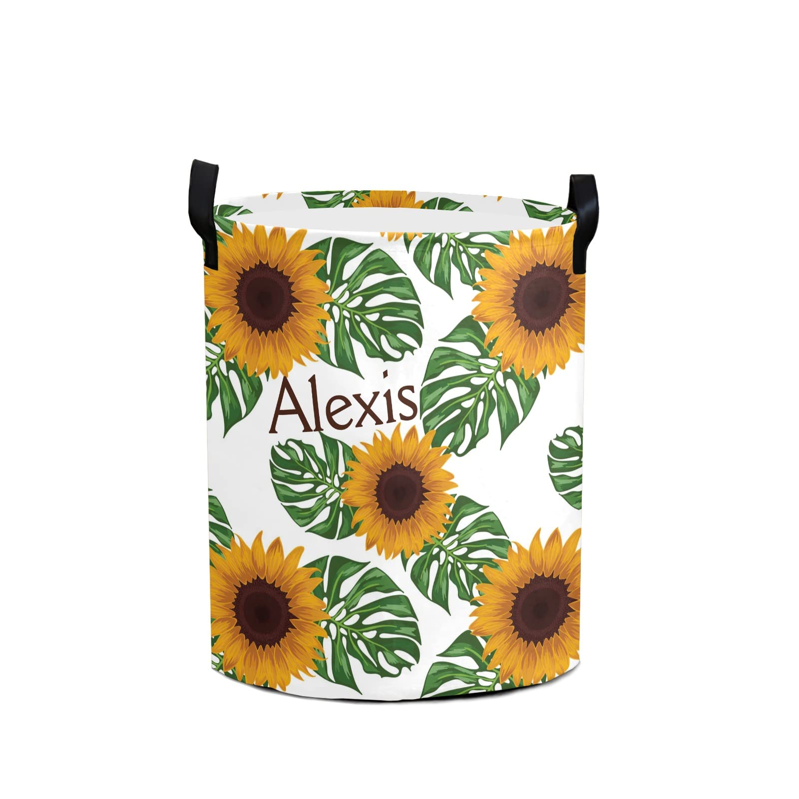 Personalized Sunflower Leaves Laundry Hamper with Handle - Custom Name Storage Basket for Bathroom, Bedroom & Living Room | Durable Clothes Organizer for Home Decor & Gift