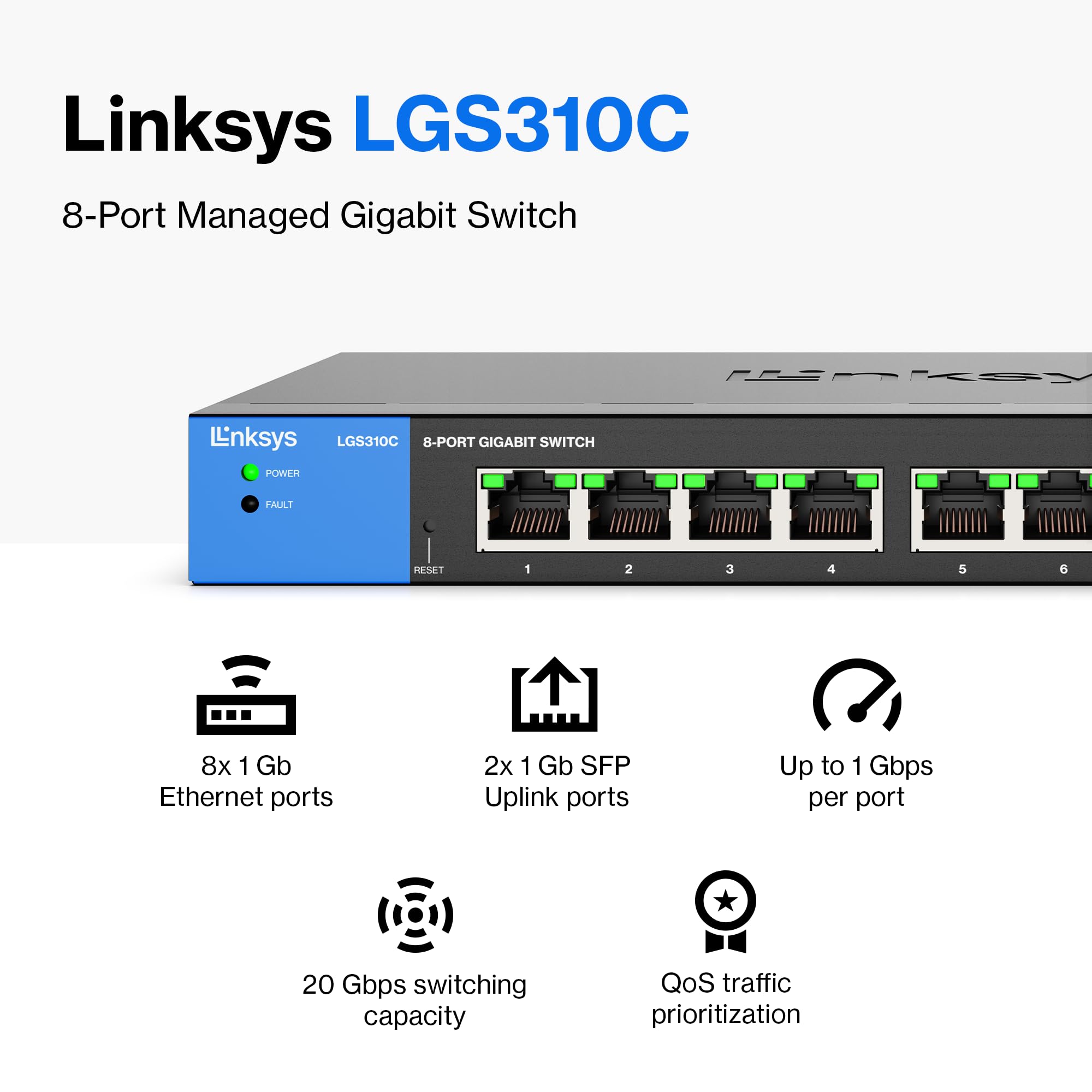 Linksys LGS310C 8-Port Gigabit Managed Network Switch with 2 SFP Uplink Ports - Advanced Security, QoS, VLAN, Static Routing | Metal Housing, Desktop/Wall Mount | Ideal for Small Business Networks, Office & Home Server Setups