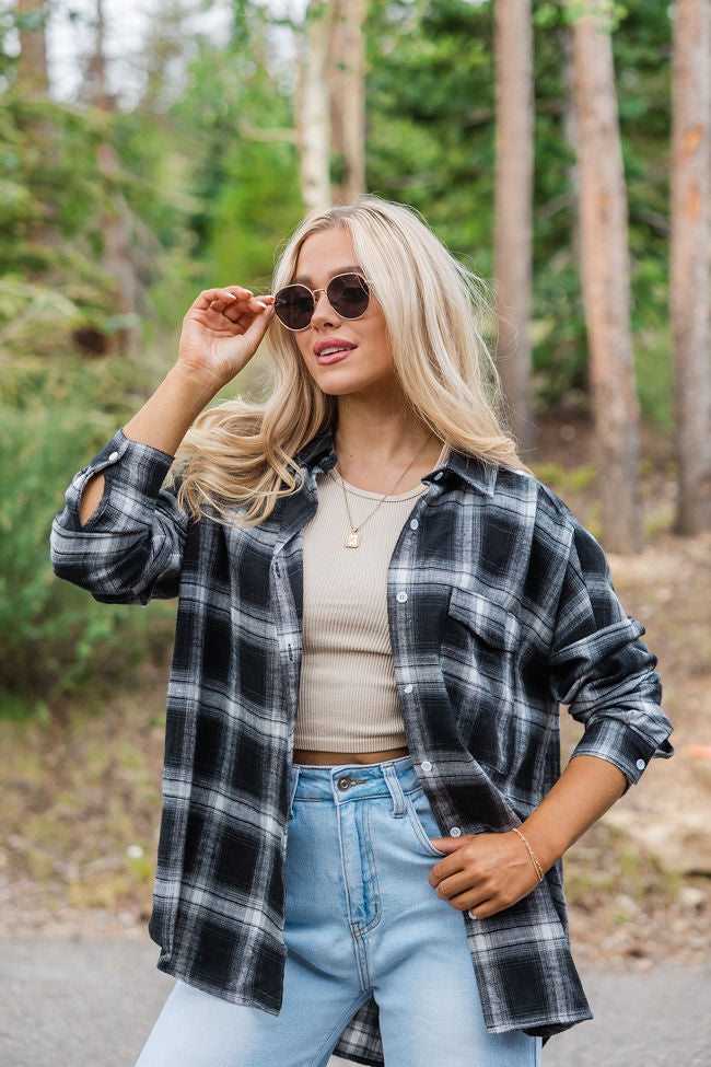 Black and Ivory Plaid Oversized Button Front Shirt for Women - Stylish Loose Fit Long Sleeve Blouse - Perfect for Casual Outfits, Layering, and Office Wear
