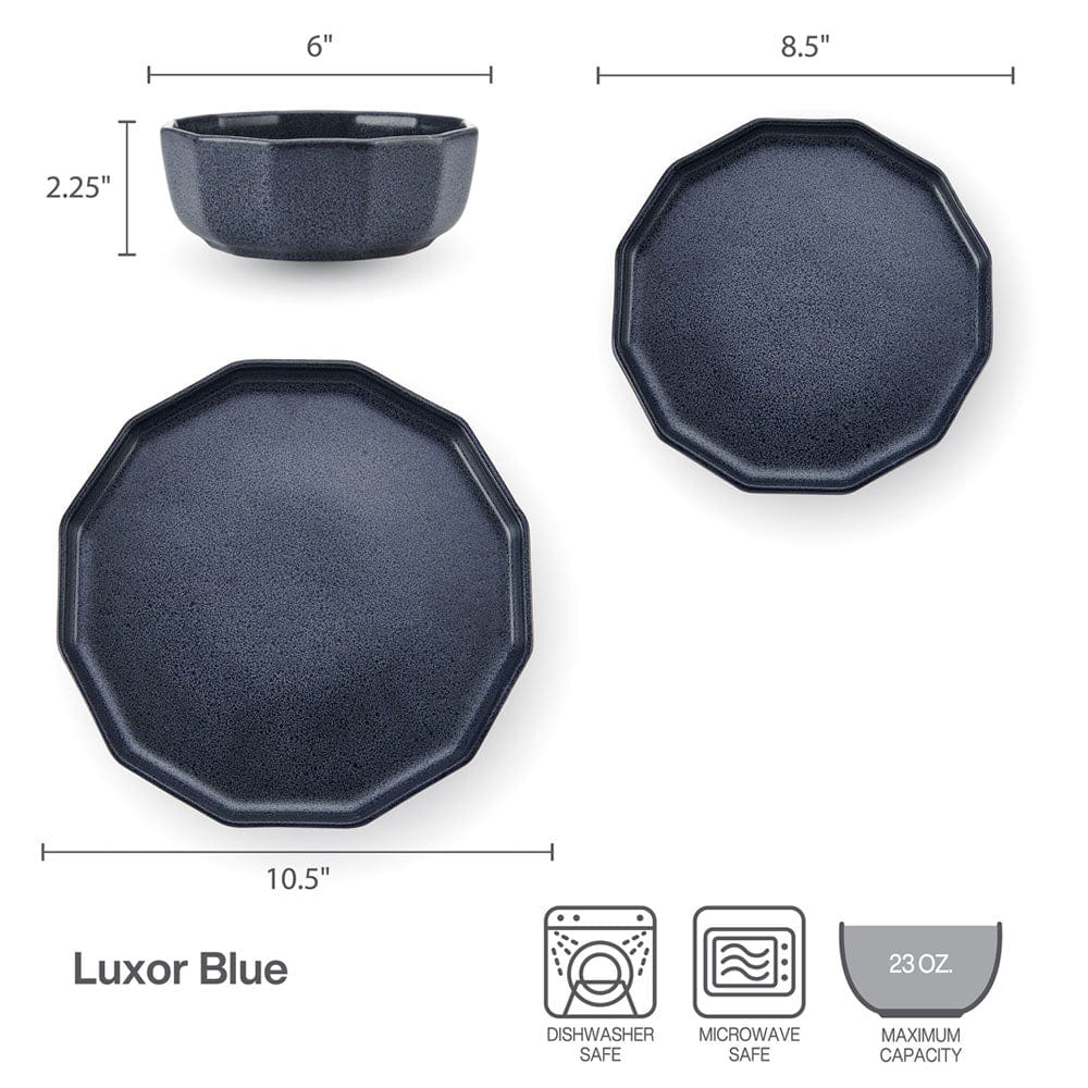 Luxor Blue 12-Piece Dinnerware Set - Service for 4 - Elegant Porcelain Plates, Bowls & Mugs - Perfect for Family Dinners, Dinner Parties & Holiday Entertaining