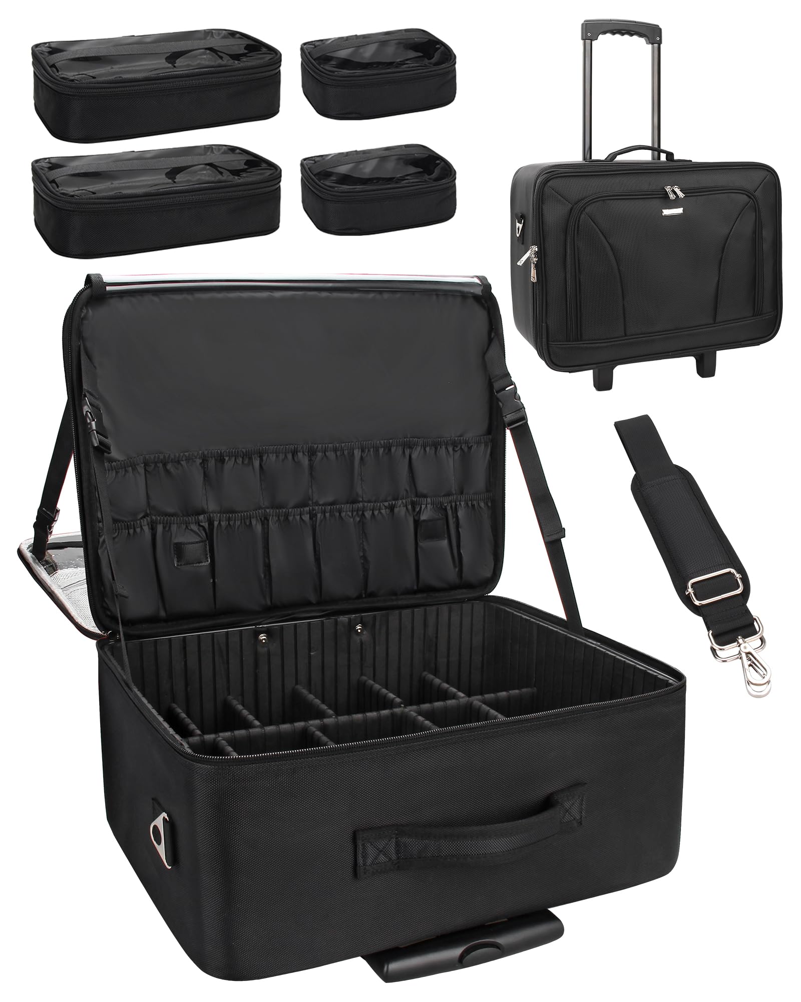 MONSTINA 3-Layer Rolling Makeup Train Case - Extra Large Cosmetic Organizer Trolley for Hairstylists & Travel, Adjustable Divider Black | Professional Salon, Mobile Beauty Services & Travel Cosmetics Storage