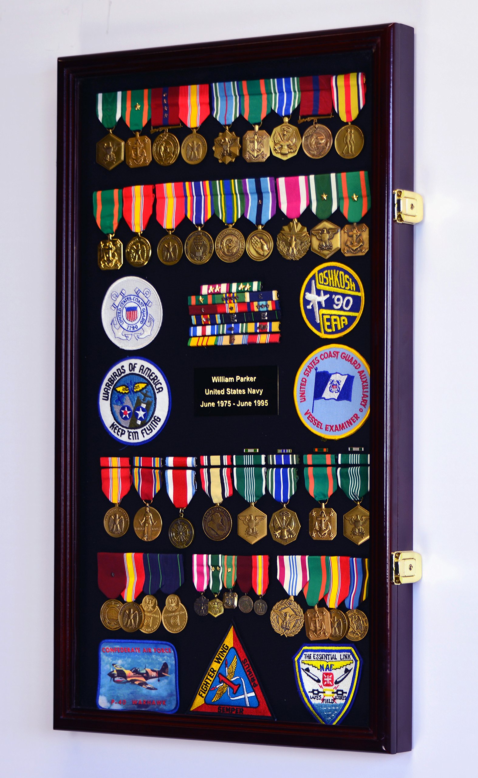 Large Military Medals, Pins, Patches, Insignia & Ribbons Display Case with Flag - Premium Wall Mount Cabinet for Army, Navy, Air Force Decor & Collectors Showcase