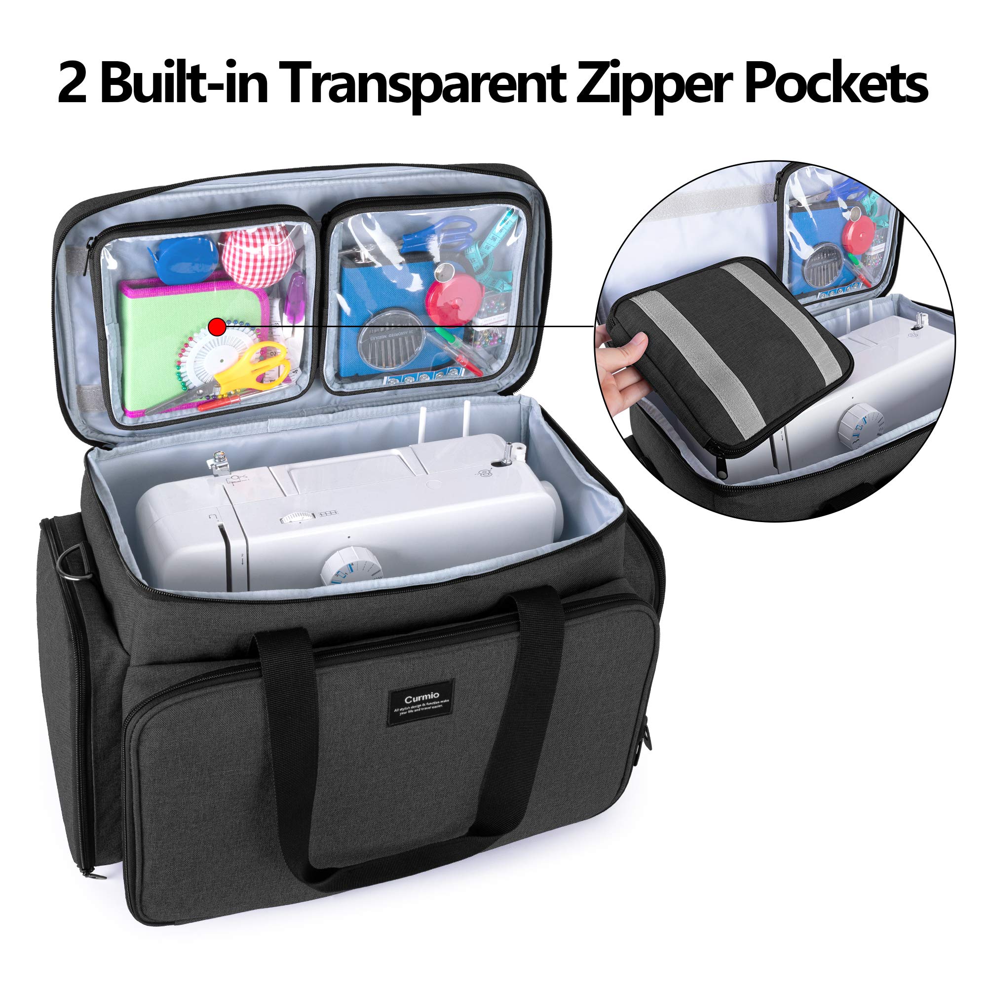 CURMIO Universal Sewing Machine Carrying Case - Travel Tote Bag with 2 Removable Transparent Zipper Pouches for Sewing Supplies, Fits Most Standard Machines (Black, Patented Design) - Perfect for Home Use, Classes & Craft Fairs