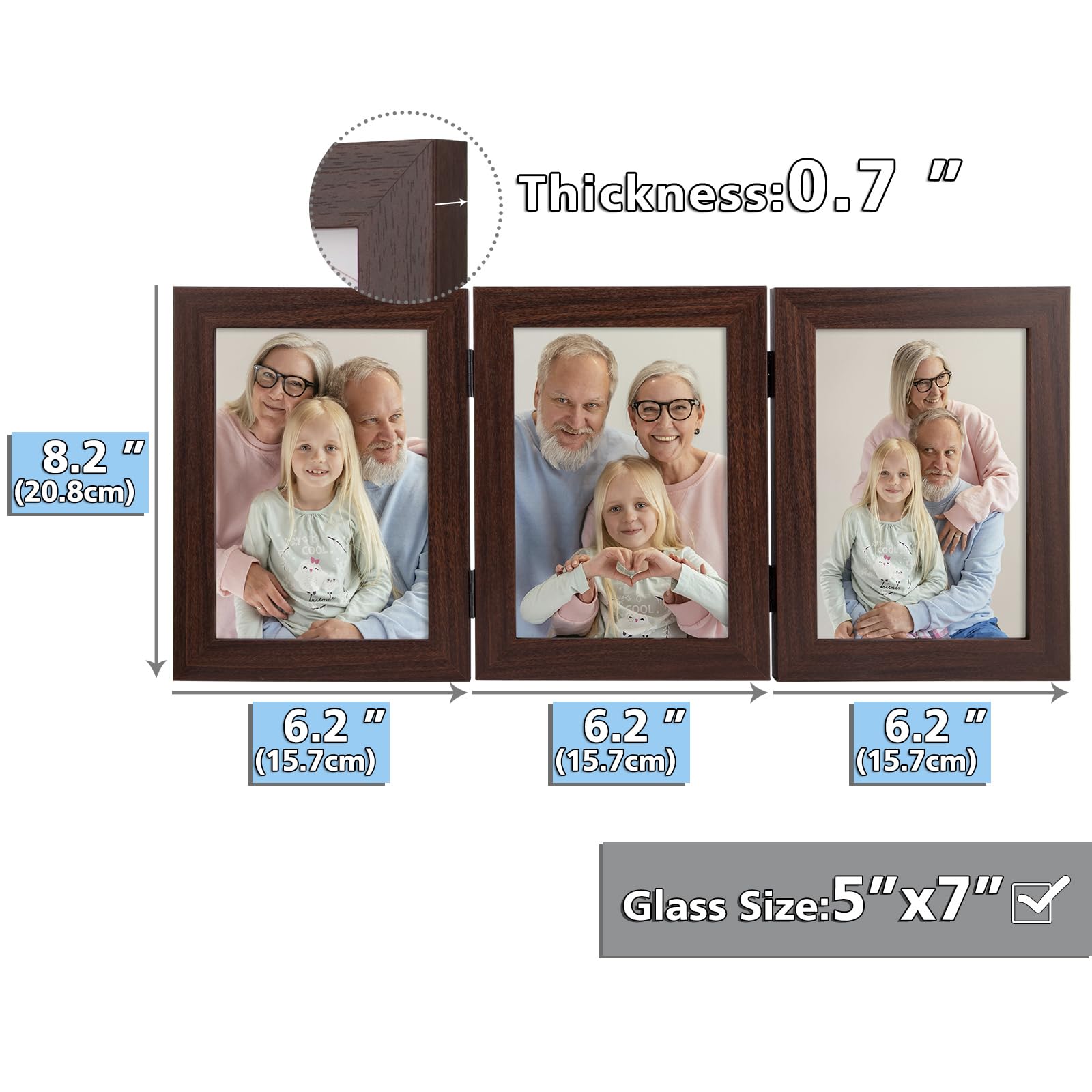Frametory 5x7 Triple Picture Frame Set - Walnut Hinged Trifold Photo Collage with Glass Front for Tabletop Display (2 Pack) | Perfect for Family Photos, Wedding Memories, and Home Decor