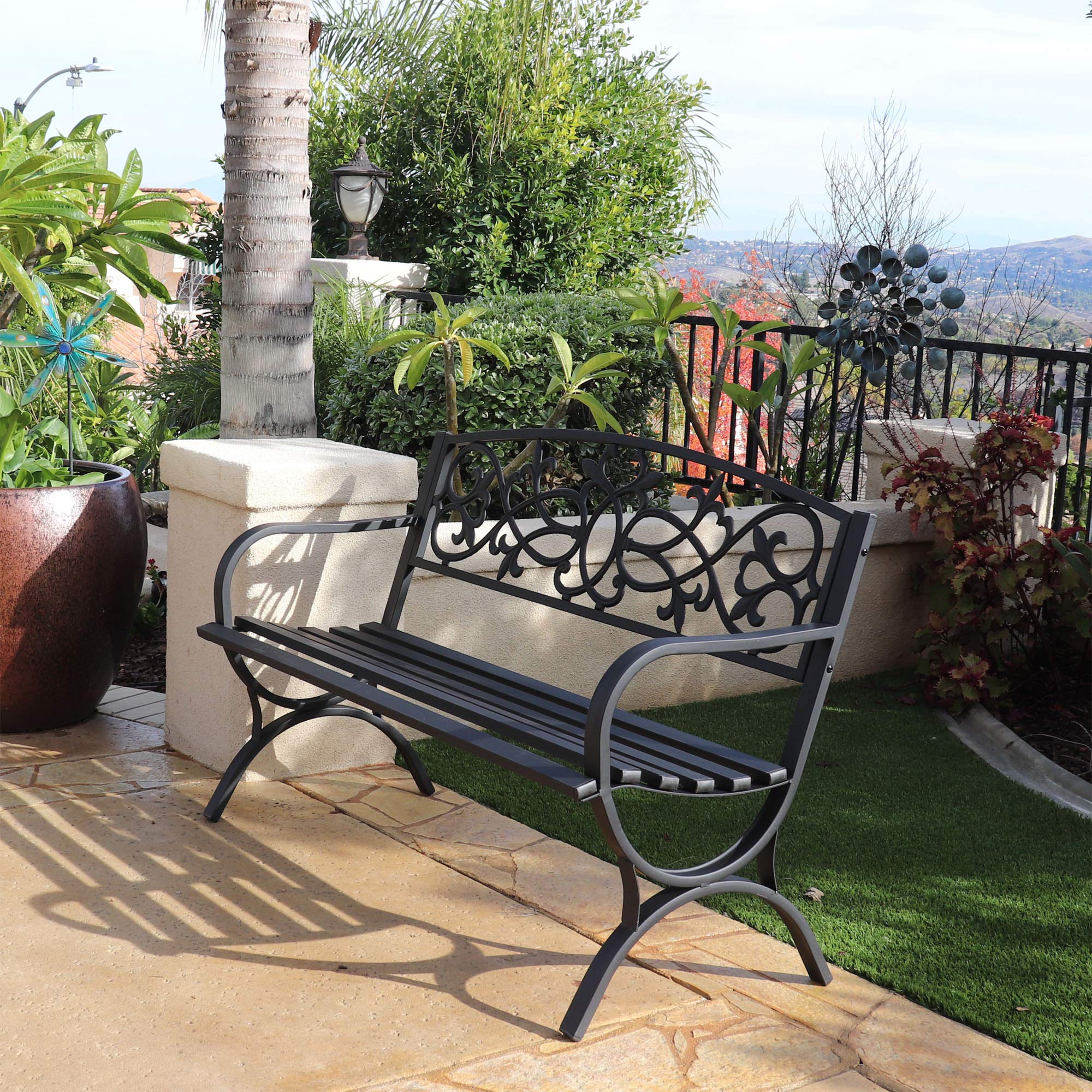 4.1 Ft Steel Frame Garden Bench - Outdoor Patio Chair for Yard, Park & Backyard - 2-Person Loveseat with Decorative Backrest & Slatted Seat - Perfect for Outdoor Seating, Picnics, and Garden Relaxation
