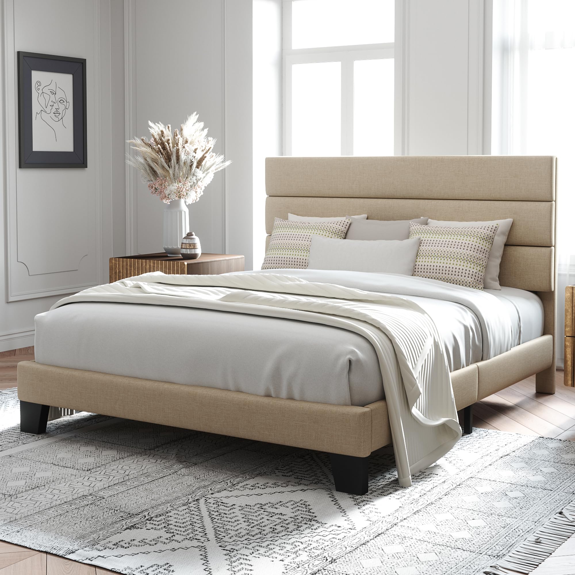 Allewie Queen Size Platform Bed Frame with Fabric Upholstered Headboard & Wooden Slats - No Box Spring Needed, Easy Assembly, Beige - Modern Bedroom Furniture for Small Spaces & Guest Rooms