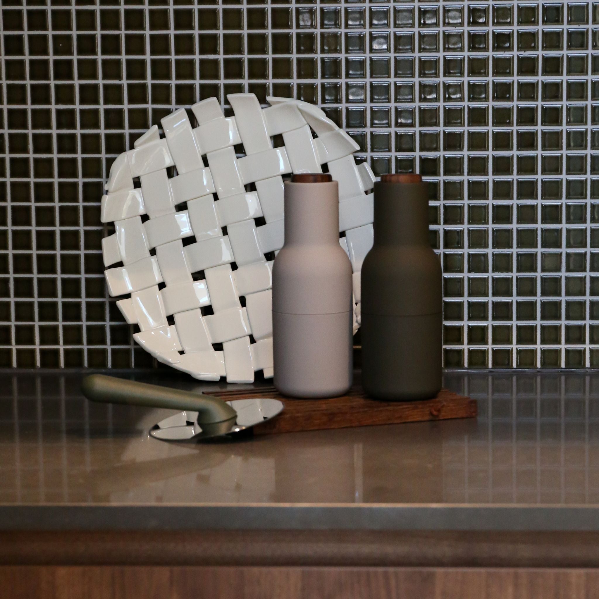 Premium Ceramic Salt and Pepper Grinder Set - Hunting Green/Beige with Walnut Wood Lid - Perfect for Kitchen, Dining Table & Outdoor Camping