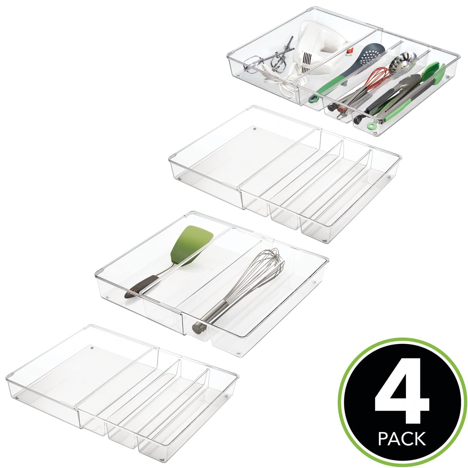 mDesign 4-Pack Clear Plastic Adjustable Expandable Drawer Organizer with 4 Compartments - Kitchen Pantry, Cabinet & Cupboard Storage for Silverware, Utensils, Cutlery - Perfect for Home Organization & Space Saving