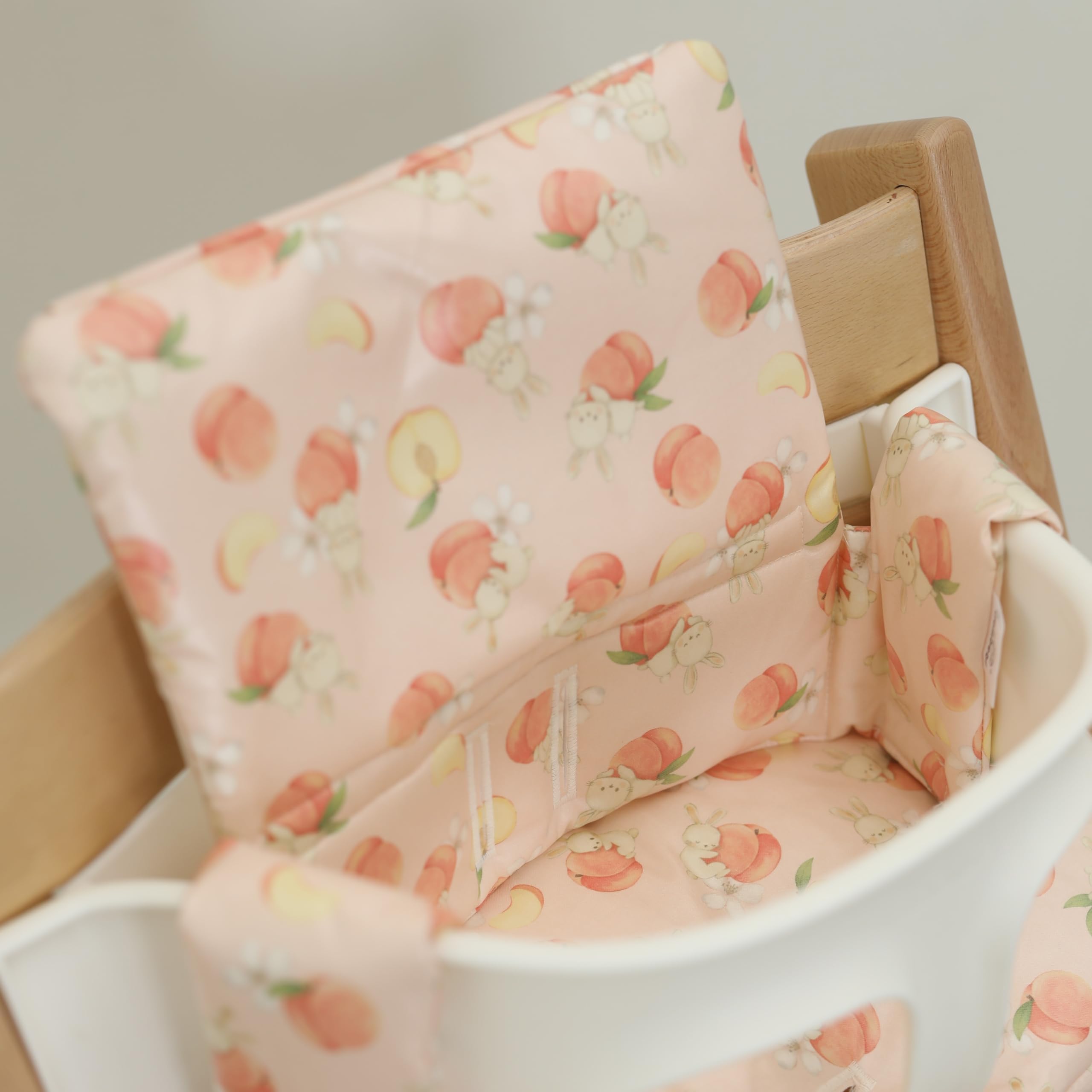 Waterproof Stokke Tripp Trapp High Chair Cushion Set - 100% Cotton, Easy to Clean, Made in Korea - Peach Bunny Design - Perfect for Baby Feeding & Nursery Comfort