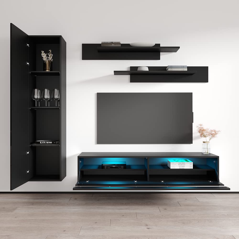 Modern Floating TV Stand with Storage & LED Lights - Wall-Mounted Entertainment Center for Bedroom & Living Room - 35 Inch TV Console with Shelves - Black - Perfect for Small Spaces & Home Theater Setup
