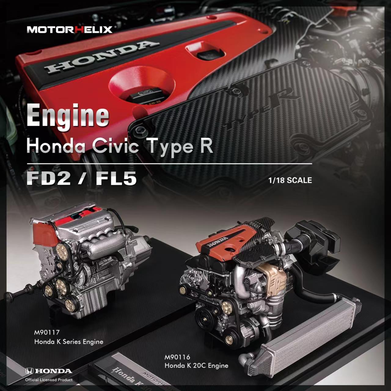 MotorHelix 1:18 Scale Honda K Series (FD2) Engine Model - Detailed Collector's Display Piece for Car Enthusiasts & Home/Office Decoration