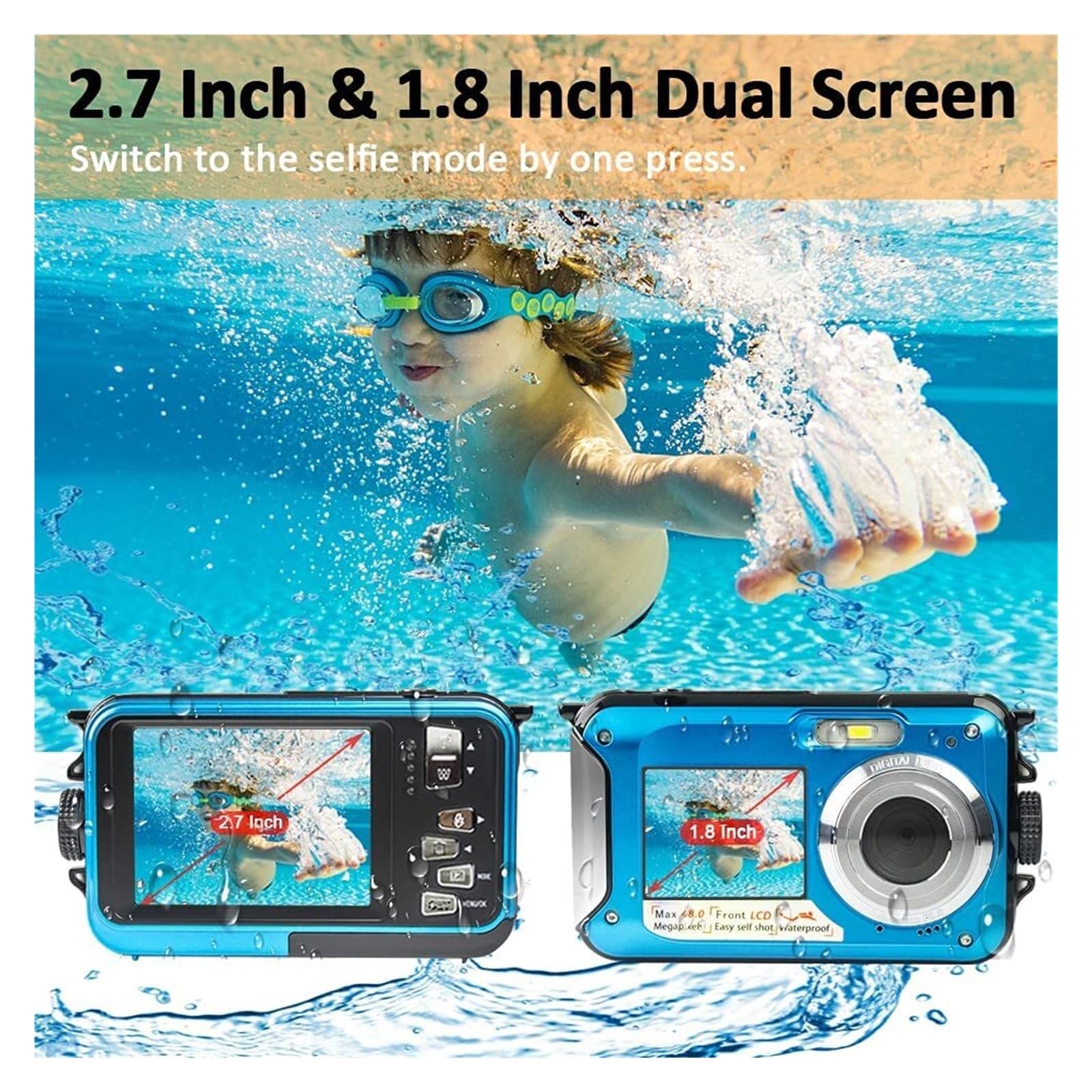 NMBHUS 10FT Underwater Digital Camera - IP68 Waterproof 48MP 2.7K Dual Screen Action Cam with Self-Timer for Scuba Diving, Snorkeling & Summer Water Sports (Red, No TF Card Included)