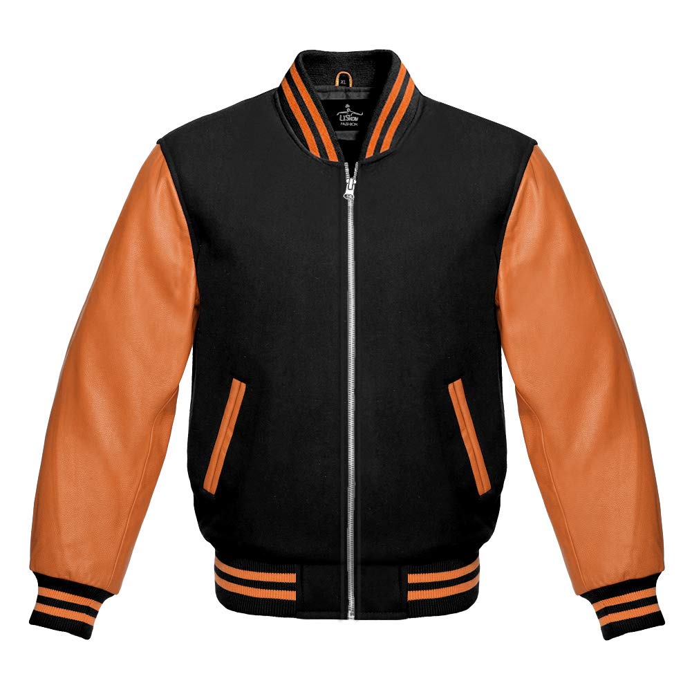 Varsity Baseball Letterman Jacket - Premium Wool & Genuine Orange Leather Sleeves with Zipper Closure | High School, College, Sports Team Fashion for Men & Women | Perfect for Games, Pep Rallies & Casual Wear
