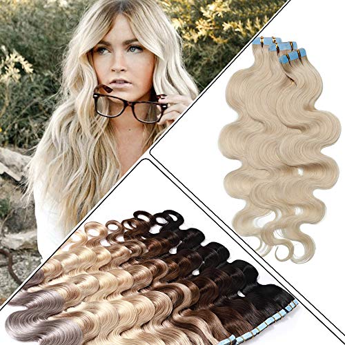 Benehair Remy Tape in Hair Extensions 20 Inch - 100% Real Human Hair, Bleach White #70, Seamless Skin Weft, Wavy Style, 40pcs/100g - Perfect for Parties, Weddings & Daily Styling