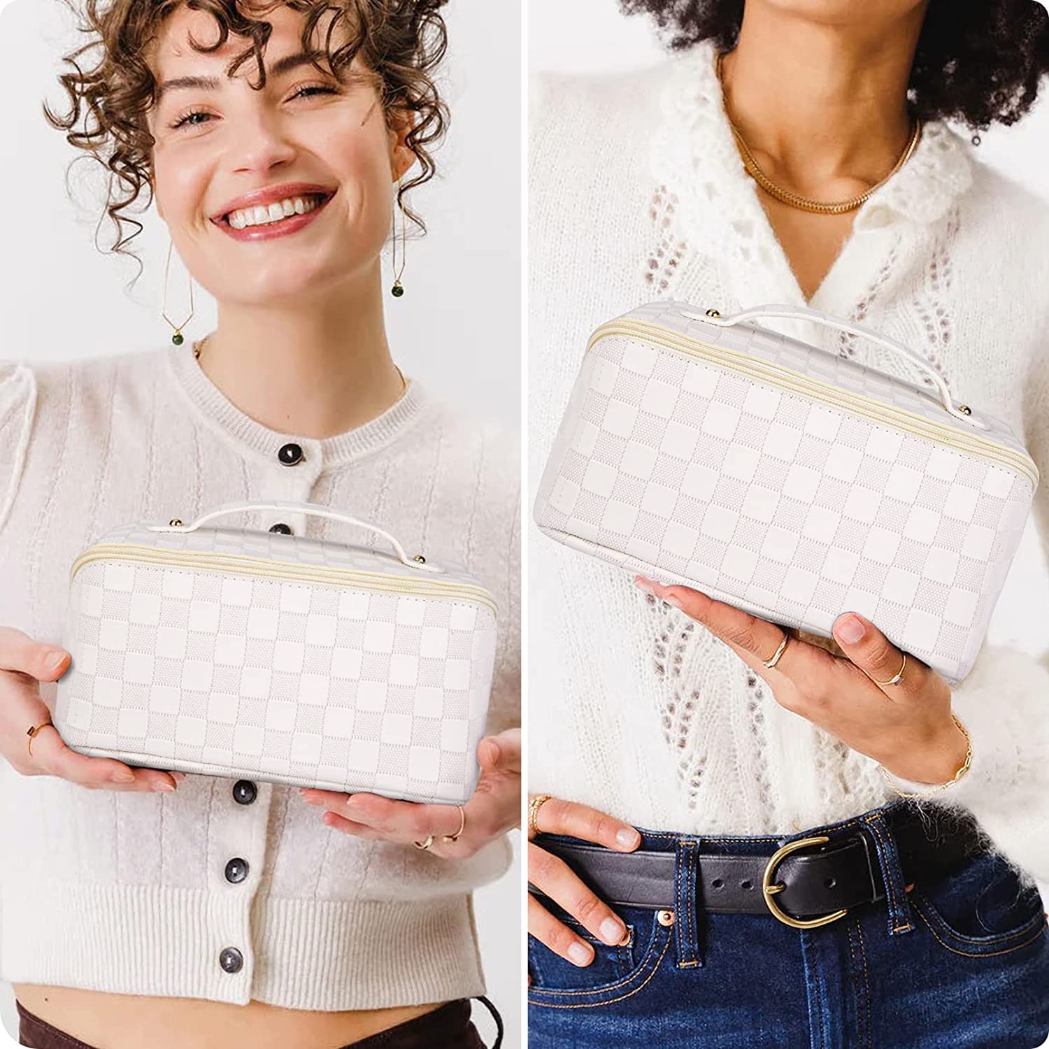 Flywind Large Capacity Travel Cosmetic Bag - Waterproof Checkered Leather Makeup Organizer for Women | Portable Toiletry Bag with Multiple Pockets | Perfect for Airplane Carry-on, Gym, Vacation & Daily Use (Checkered White)
