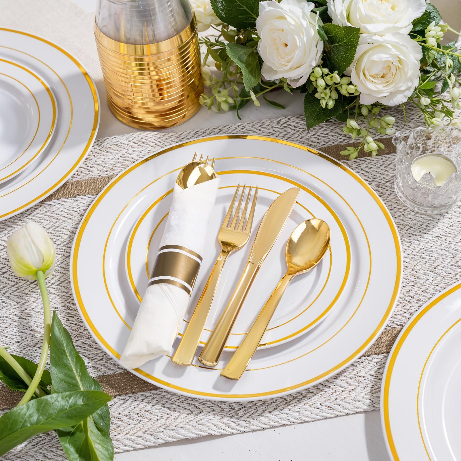 WELLIFE 350-Piece White and Gold Disposable Plastic Dinnerware Set - Includes 100 Gold Plates, 150 Silverware, 50 Napkins, 50 Cups for Party, Wedding, Baby Shower & Events - Elegant Disposable Tableware for 50 Guests