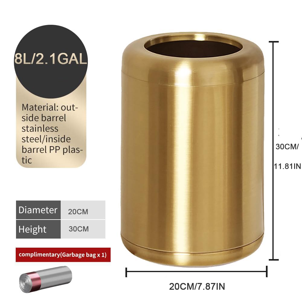 8L/2.1 Gallon Brushed Nickel Gold Trash Can - Small Brass Waste Bin for Bathroom, Powder Room, Bedroom & Office - Elegant Gold Garbage Can for Home & Office Decor (Gold) | Perfect for Bathroom Vanity, Bedside, Desk & Living Room Spaces