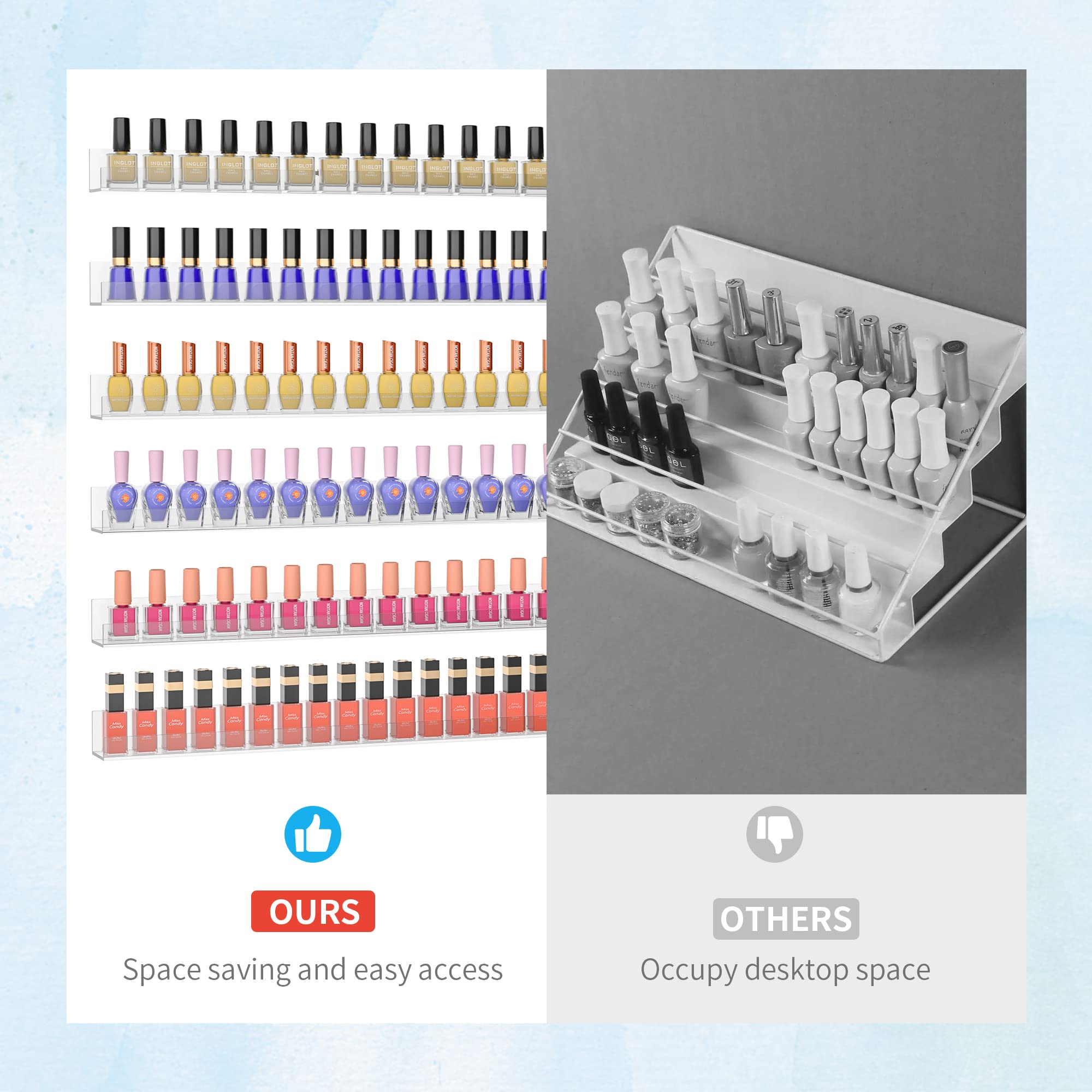 Clear Acrylic Nail Polish Rack Shelf for Wall - 32 Inch Nail Polish Organizer Holds 192 Bottles (6 Pack) | Perfect for Salon, Spa, Home Nail Station & Professional Makeup Artists