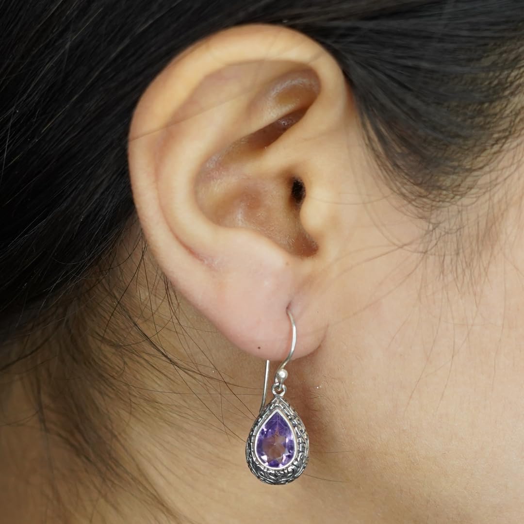 Handmade 925 Sterling Silver Purple Amethyst Gemstone Filigree Drop Dangle Earrings for Women | Unique Tribal Fashion Jewelry | Perfect for Boho Chic, Wedding & Special Occasions