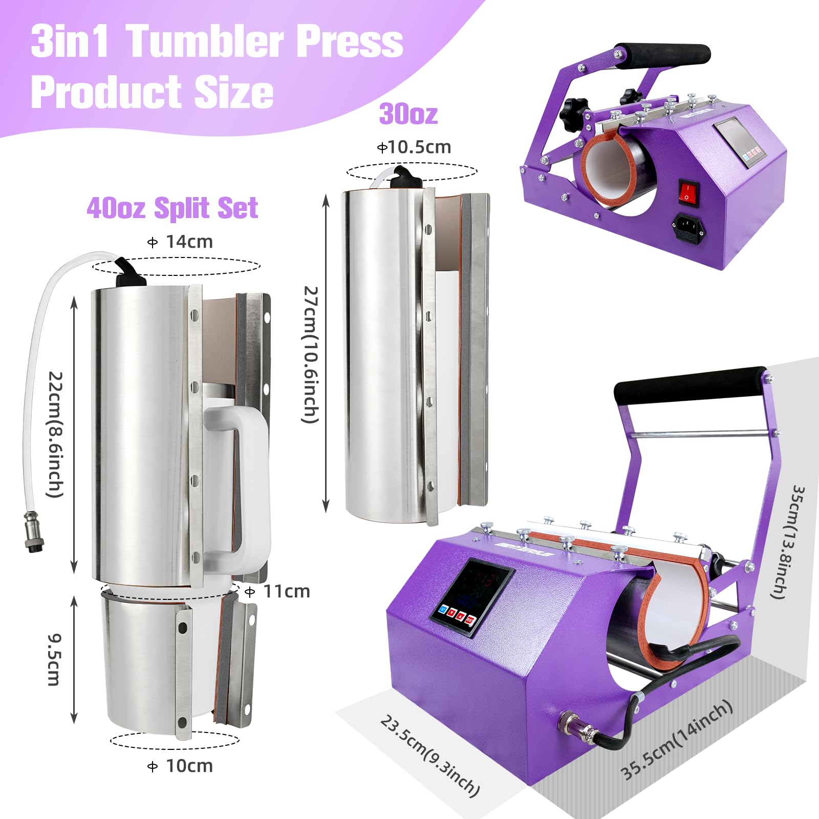 BetterSub 3-in-1 Sublimation Heat Press Machine for 11oz-40oz Tumbler Mugs - Compatible with 11oz, 15oz, 16oz, 20oz, 30oz & 40oz Straight/Skinny Tumblers - Purple Heat Transfer Mug Press for DIY Crafts, Gifts & Small Business Use