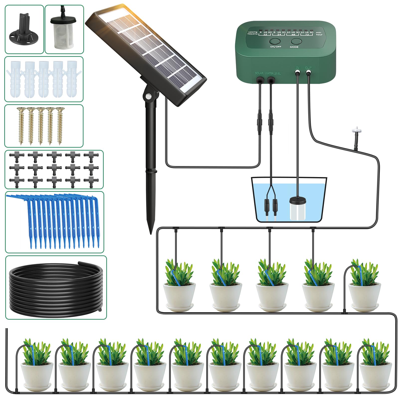 PChero Solar Automatic Drip Irrigation Kit - 12 Timer Modes Solar Powered Watering System for Indoor, Balcony, Outdoor Garden & Greenhouse - Supports 15 Pots (Perfect for Vacation Plant Care & Water Conservation)