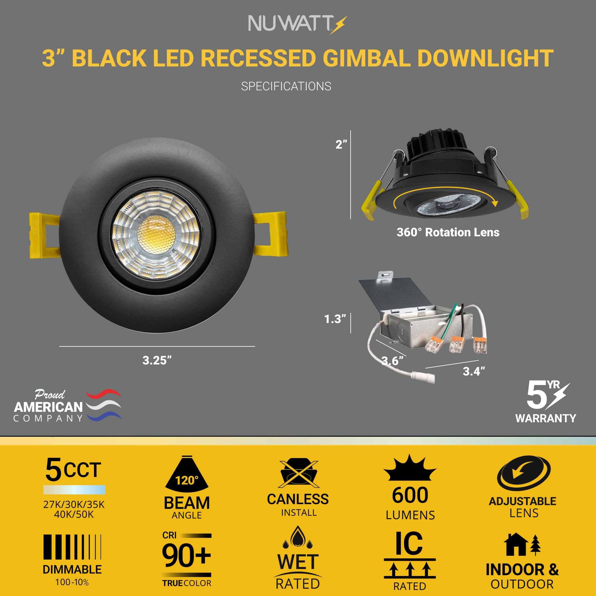 NUWATT Black 3 Inch LED Gimbal Recessed Lights - 5CCT Selectable (2700K-5000K), 8W 600 Lumens, IC & Wet Rated, 120V Dimmable, Canless Eyeball Adjustable - Perfect for Living Room, Kitchen, Bedroom & Bathroom Lighting (4 Pack)