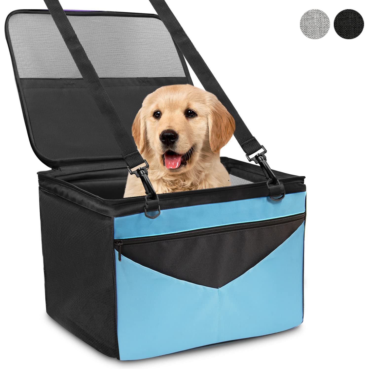 Prodigen Small & Medium Dog Car Booster Seat - Pet Safety Harness for Front Seat (Up to 30 lbs) - Reinforced Design with Seat Belt - Black - Perfect for Road Trips & Daily Commutes with Your Pet