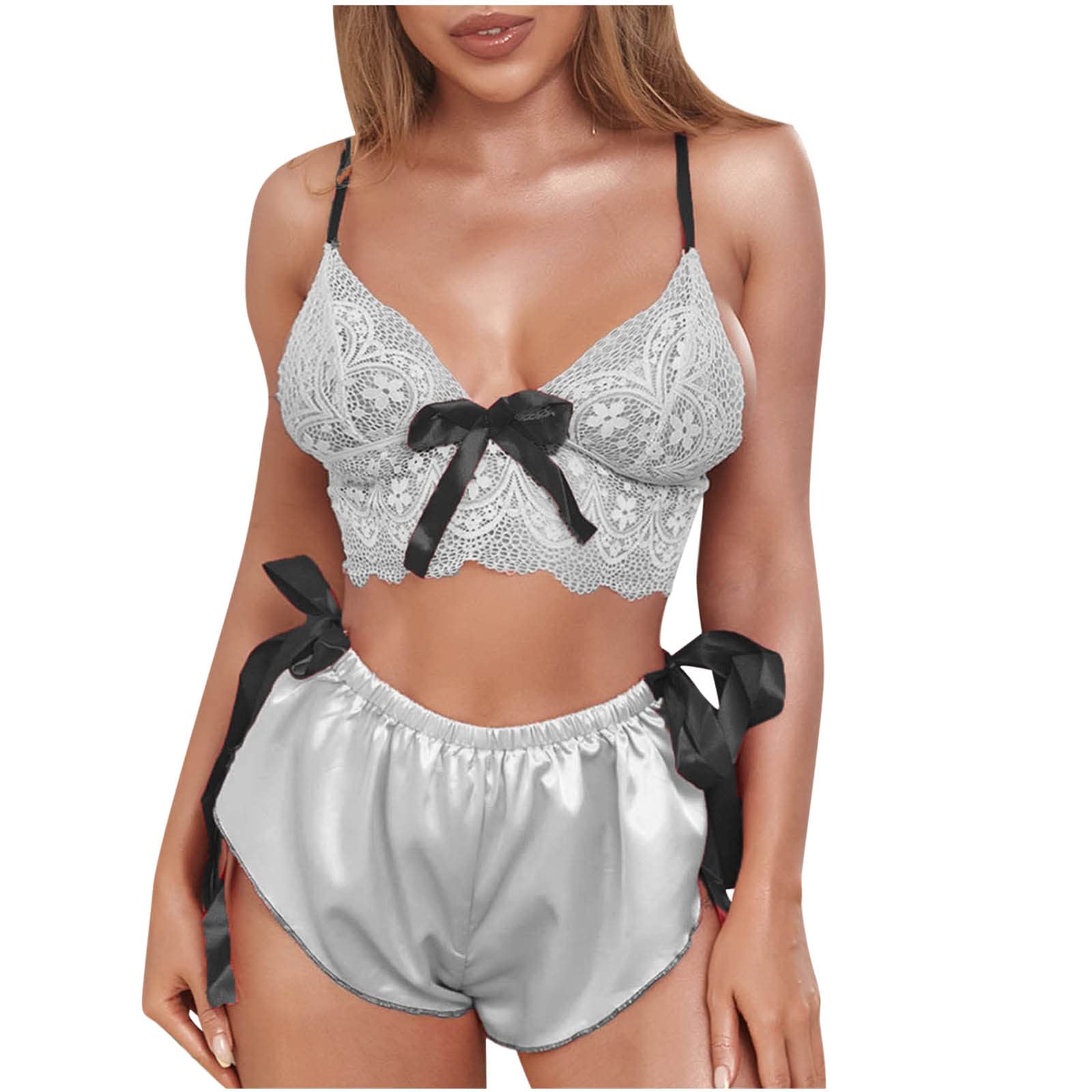 Sexy Lace Lingerie Set for Women - Satin Pajama Top & Panties with Bow - Comfortable Sleepwear for Lounge, Bedroom & Romantic Nights - Perfect for Valentine's Day, Honeymoon & Intimate Moments