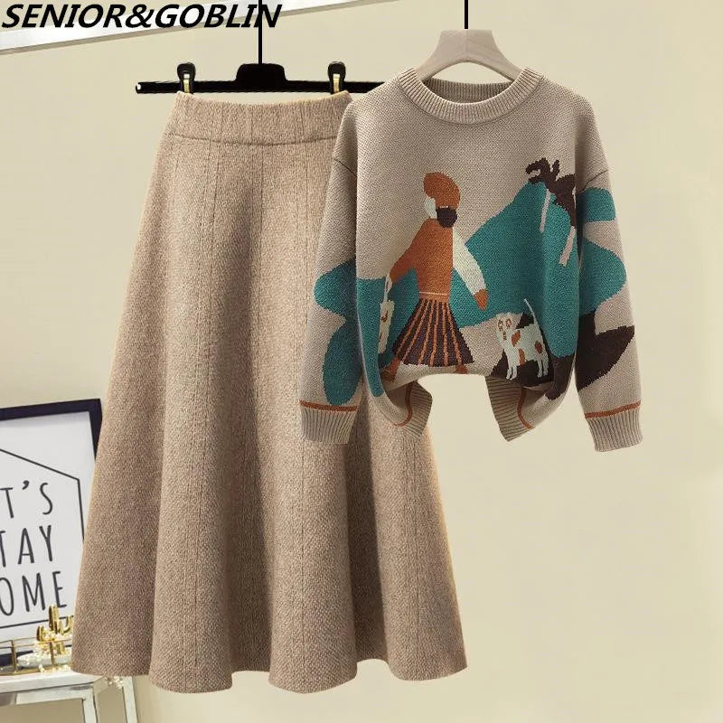 Women's Autumn Winter Knitted Sweater & High Waist A-Line Skirt 2-Piece Set - Cozy Long Sleeve Pullover & Flattering Skirt Outfit for Casual Wear, Office, and Date Nights