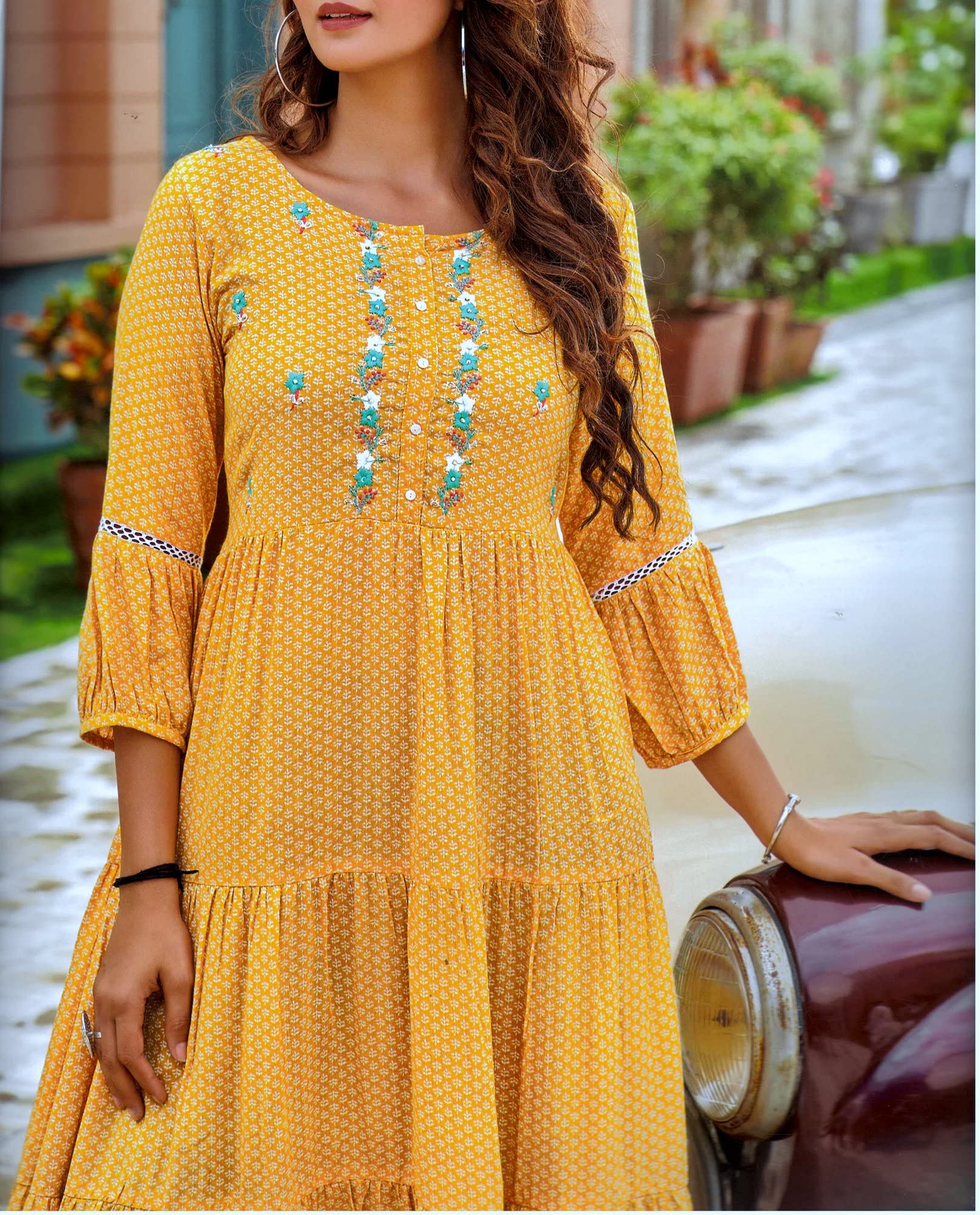 Ladyline Women's Casual Rayon Printed Maxi Dress - Floor Length Flowy Kurti Tiered A-Line Summer Dress for Beach, Vacation & Boho Style Outfits