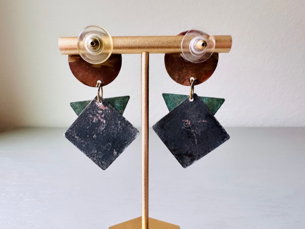 Vintage 1980s Distressed Geometric Earrings - Hammered Circle & Triangle Pierced Post Earrings for Women | Unique Boho Statement Jewelry in Earth Tone Neutrals | Perfect for Casual Wear, Parties & Gift Giving