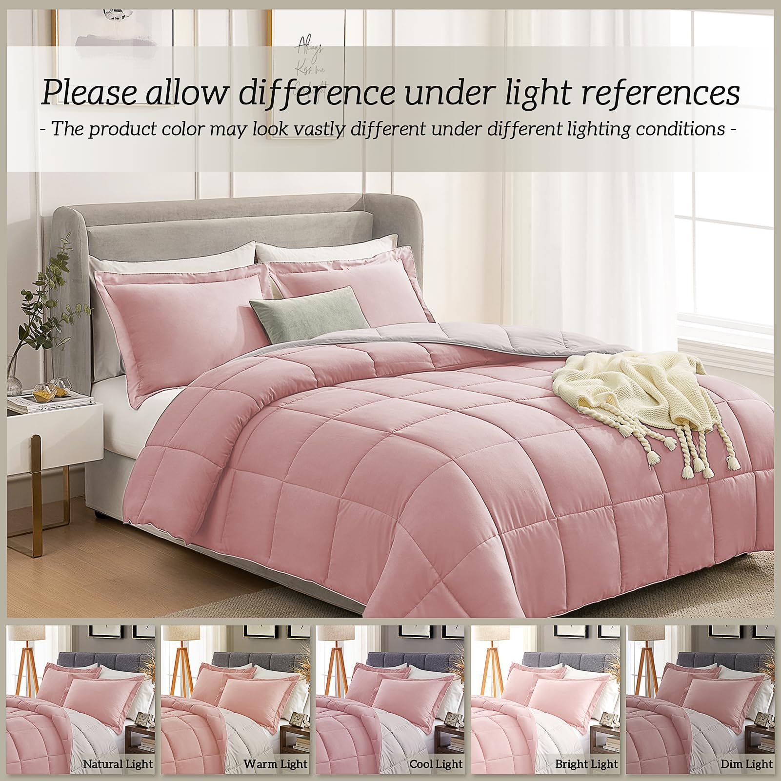 Homelike Moment King Size Comforter Set - Lightweight Reversible Down Alternative Bedding in Pink & Grey | 3-Piece All Season King Bed Set with 2 Shams | Perfect for Master Bedrooms, Guest Rooms & Cozy Home Decor