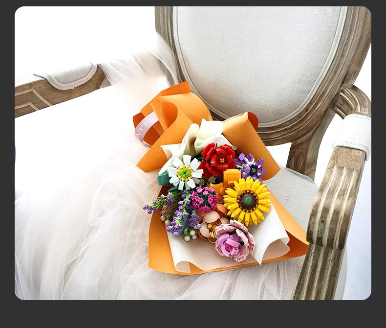 Flower Bouquet Building Blocks Kit - DIY Artificial Flowers for Stress Relief & Mindfulness | Creative Birthday Gift for Adults & Teens | Perfect for Home Decor, Office Desk & Relaxation Therapy