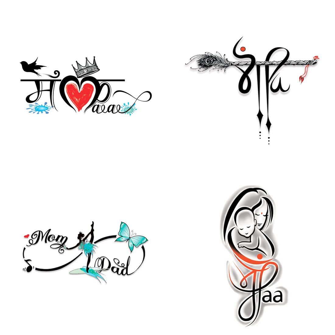 Waterproof Temporary Tattoos for Men & Women - Maa Paa & Mom Dad Combo Pack of 4 - Perfect for Family Events, Couples Matching & Body Art Lovers
