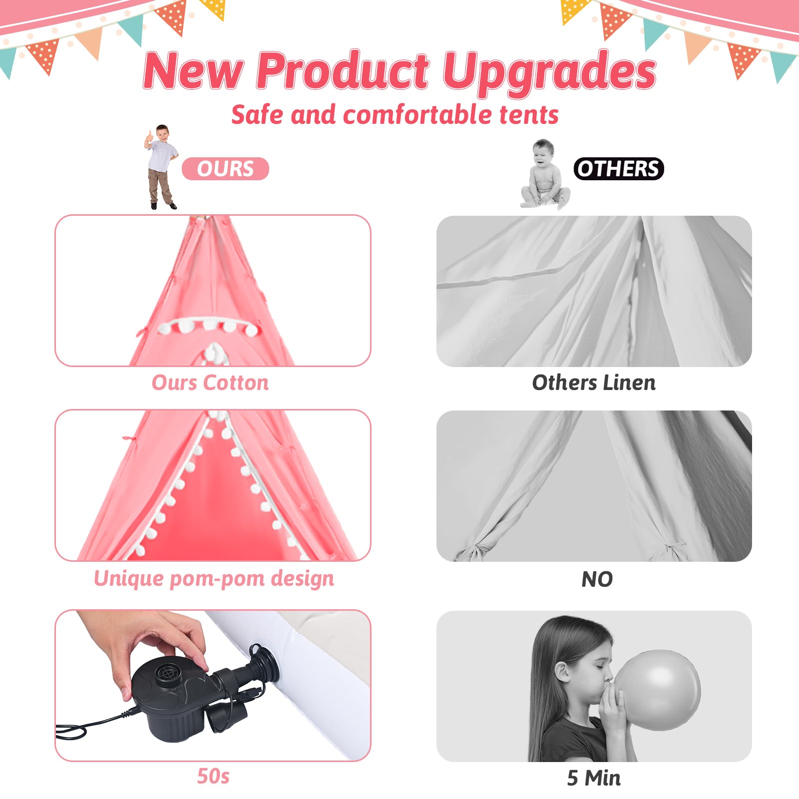 4-Pack Kids Teepee Tents with Inflatable Air Mattress & Fairy Lights - Washable Cotton Play Tent for Boys and Girls Sleepovers, Birthday Parties & Indoor Camping (Pink) - Perfect for Slumber Parties, Playrooms & Backyard Adventures
