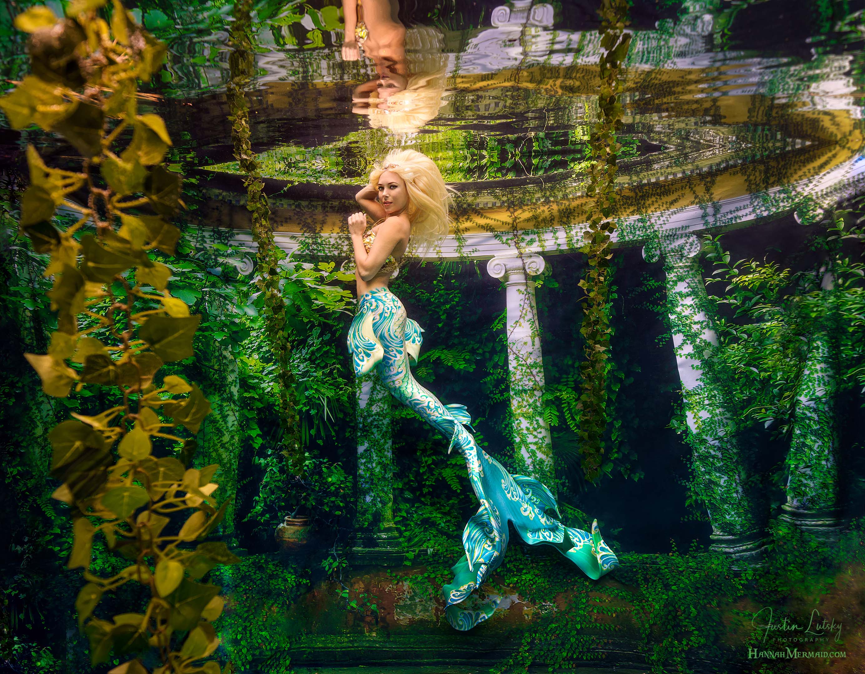 Hannah Mermaid Golden Wave GalleryTail Swimsuit by Cape Cali - Elegant Mermaid Tail for Swimming, Underwater Photography, and Costume Parties