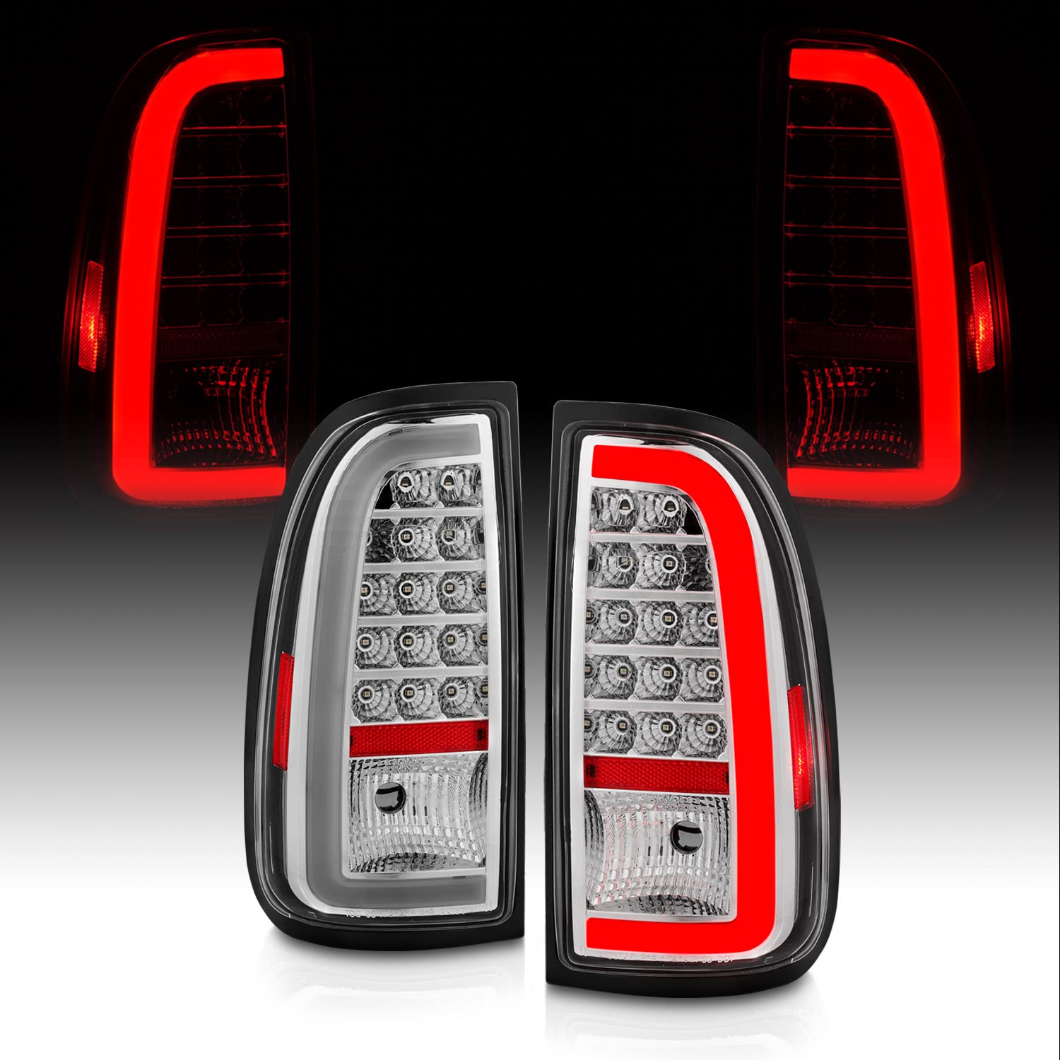 AmeriLite LED Brake Tail Lights for 2000-2006 Toyota Tundra Standard Access Cab | C-Type Chrome Replacement Lights Pair (Driver & Passenger Side) | Enhanced Visibility & Style for Night Driving & Custom Truck Upgrades
