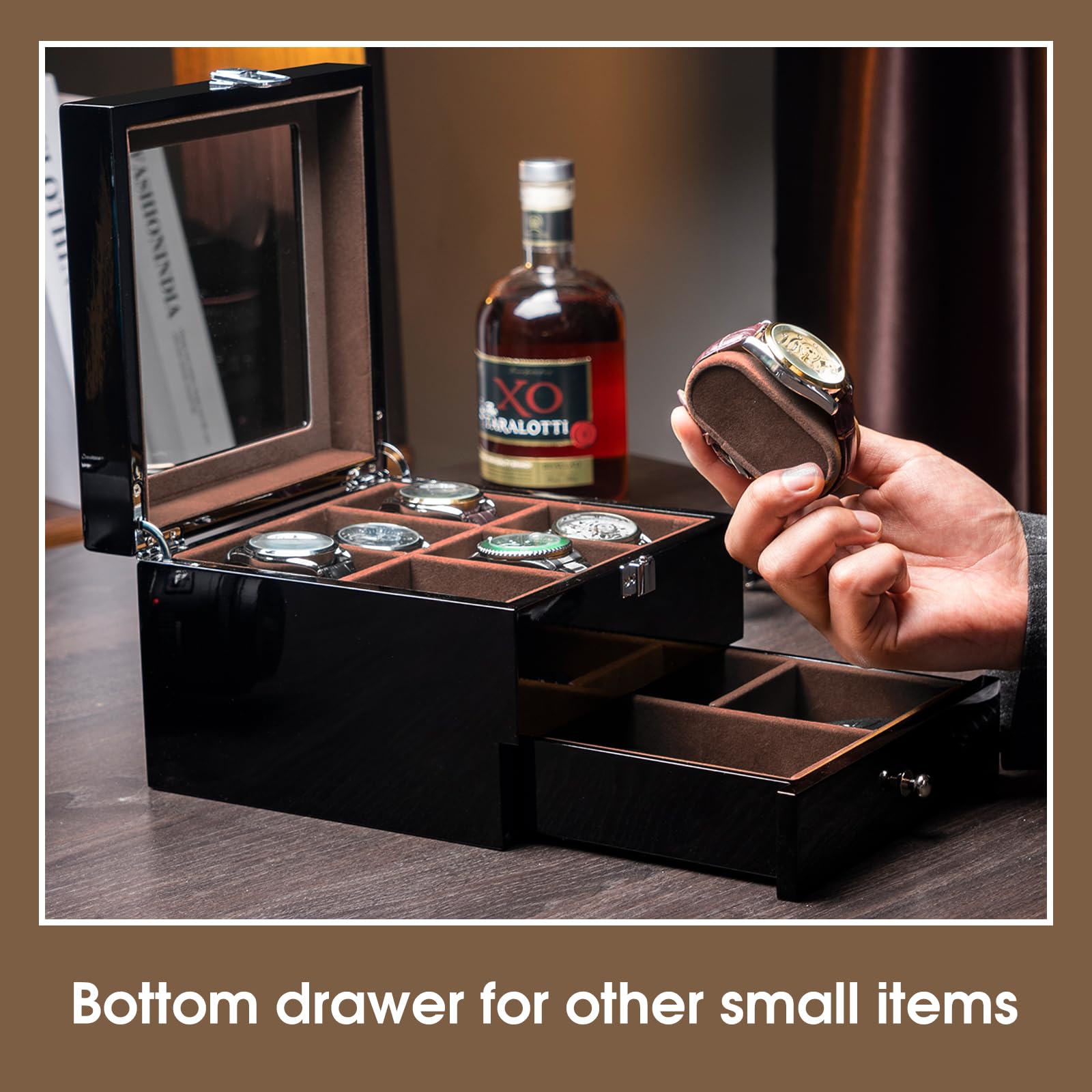 ProCase 6-Slot Lacquered Wooden Watch Box for Men - Premium Watch Organizer with Glass Top & 2-Tier Display Case - Perfect for Wristwatch Storage, Collection Display, and Travel (Black)