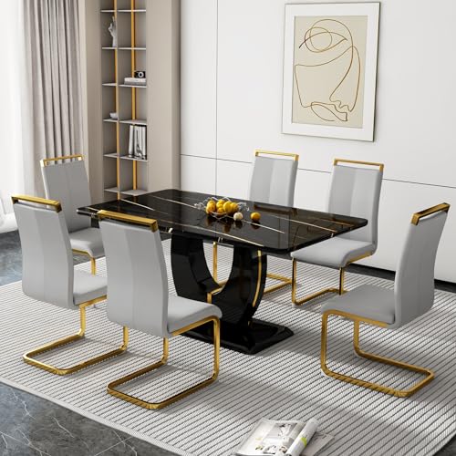 Black Table With 6 Light Grey Golden Chairs