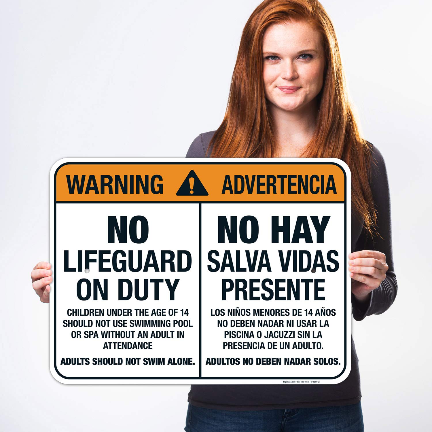 No Lifeguard On Duty Bilingual Sign (English/Spanish) - 18x24 Inches, Rust-Free .063 Aluminum, Fade Resistant - Easy Mounting for Pool, Beach & Public Areas - Indoor/Outdoor Use, Made in USA