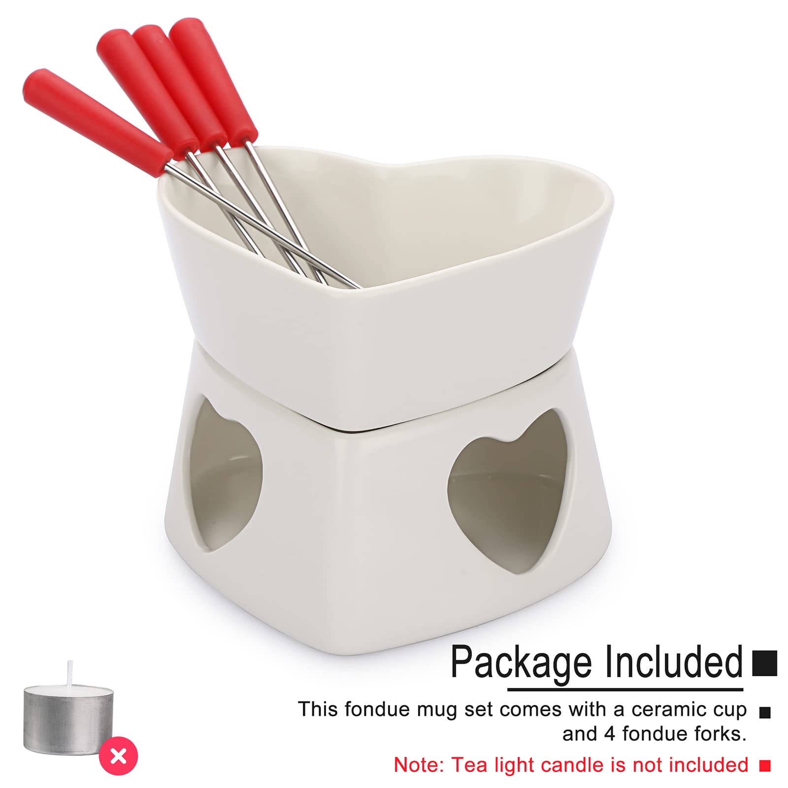 White Ceramic Butter Warmer Set - Heart Shaped Fondue Pot for Melting Cheese, Chocolate & Caramel - Includes 4 Forks - Perfect for Romantic Dinners, Parties & Family Gatherings