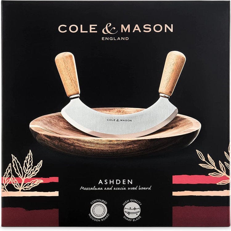 Premium Ashden Acacia Wood Mezzaluna Knife with Cutting Board - Perfect for Chopping Herbs, Vegetables & Pizza - Ideal for Kitchen, Camping & Outdoor Cooking