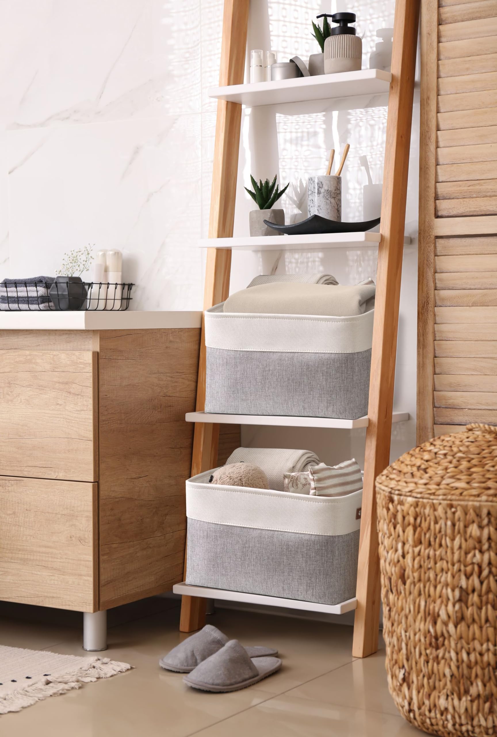 DECOMOMO Fabric Storage Bins - Large 4-Pack Grey & White Storage Baskets for Shelves, Closet Organization, Nursery, Toys | Perfect for Home, Office, Kids Room & Playroom Storage Solutions