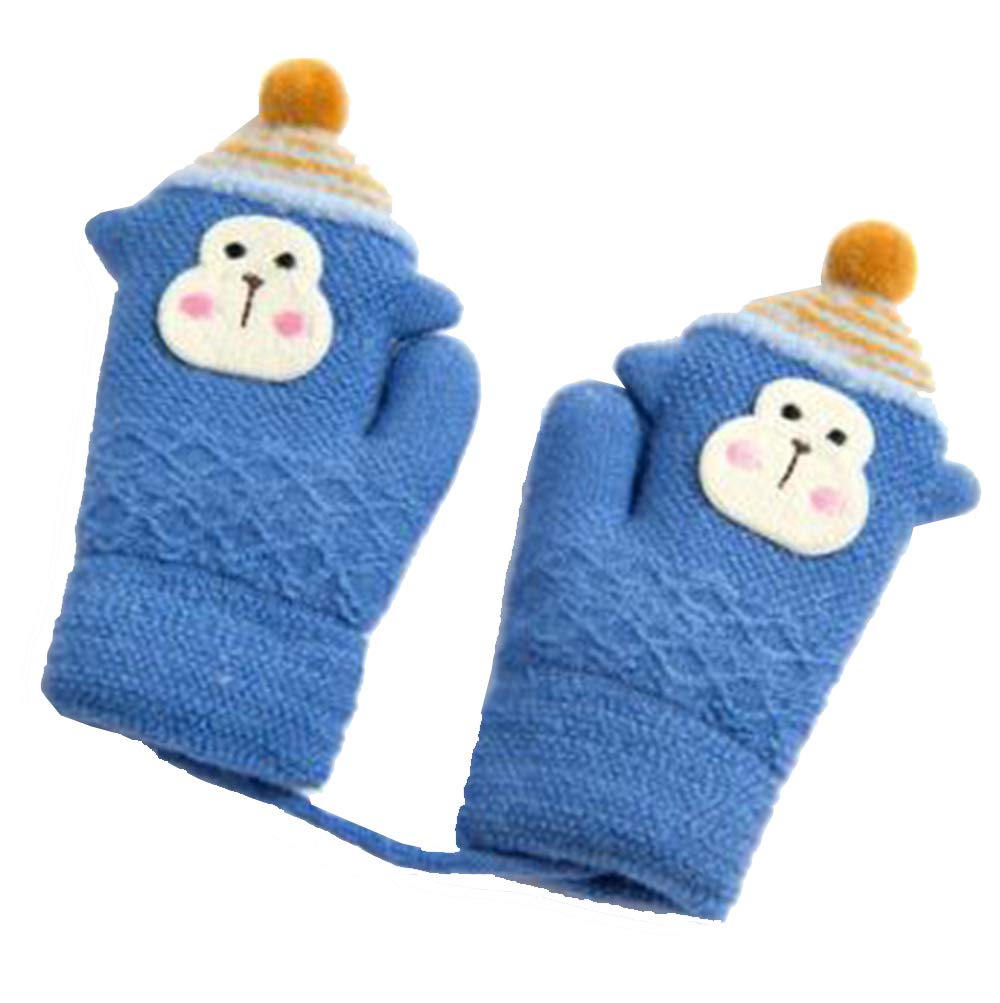 Warm Knitting Gloves for Kids - Boys & Girls Winter Hanging Neck Mittens, 2 Styles & 6 Colors (Blue Monkey Pattern) - Perfect for Outdoor Play, School, and Cold Weather Activities