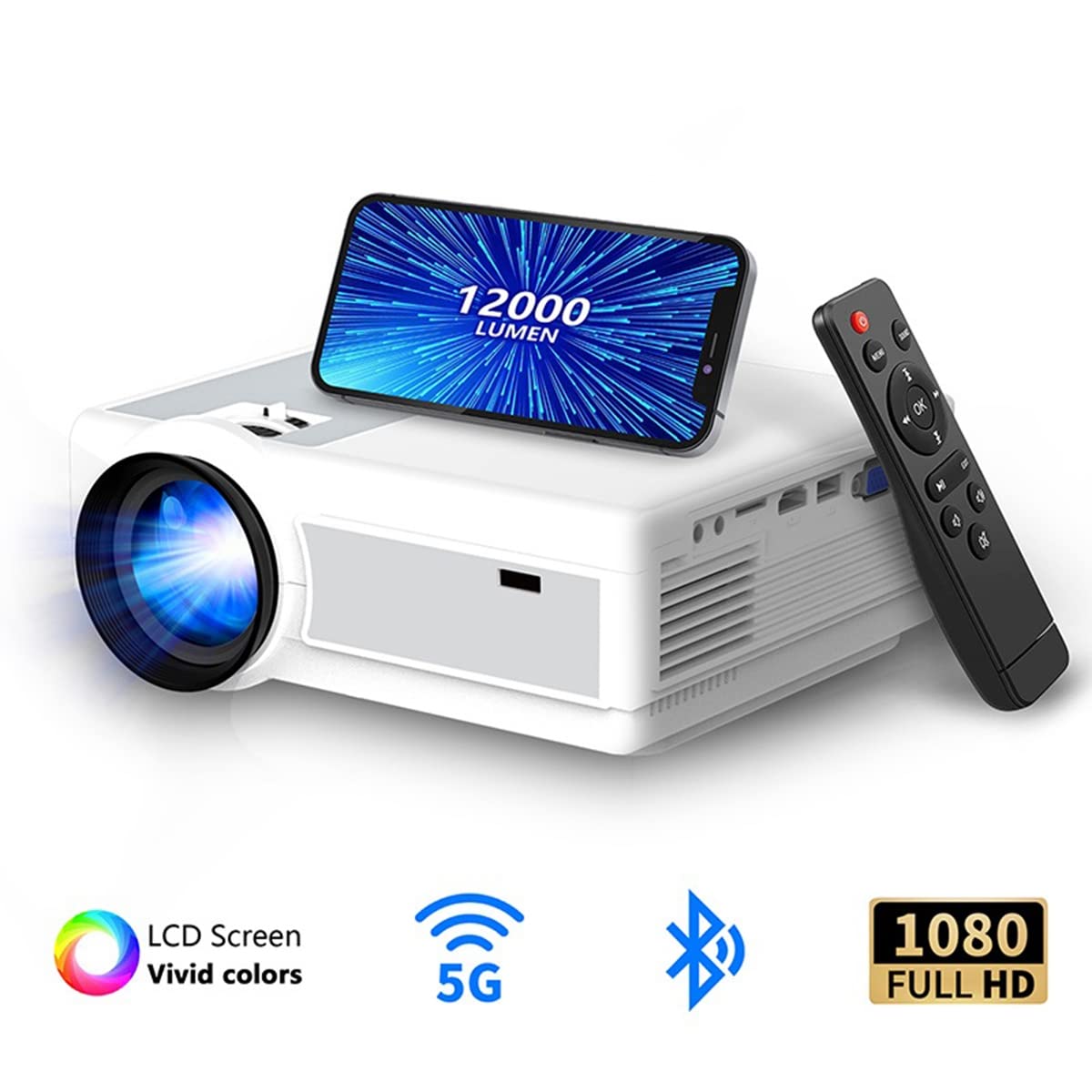 Qyrugcxs 1080P HD Projector 12000LM Home Theater Video Projector with WiFi & Bluetooth - Compatible with USB, VGA, AV, iOS & Android Devices (UK Plug) | Perfect for Movie Nights, Gaming & Outdoor Entertainment