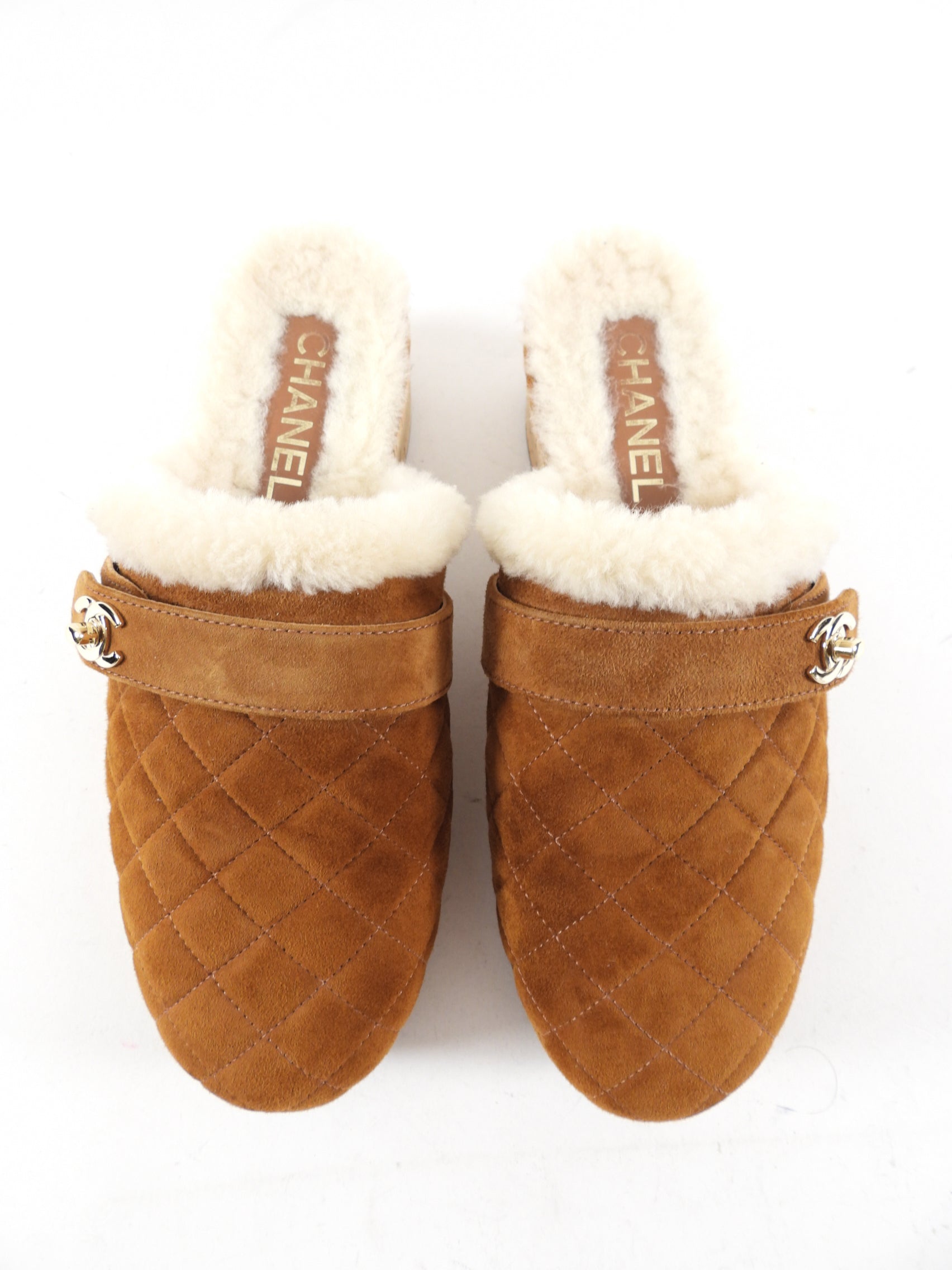 Chanel 21A Brown Shearling CC Turn Clasp Quilted Cork Mules Size 37 - Luxury Shearling Slippers for Women | Perfect for Winter Comfort & Home Relaxation