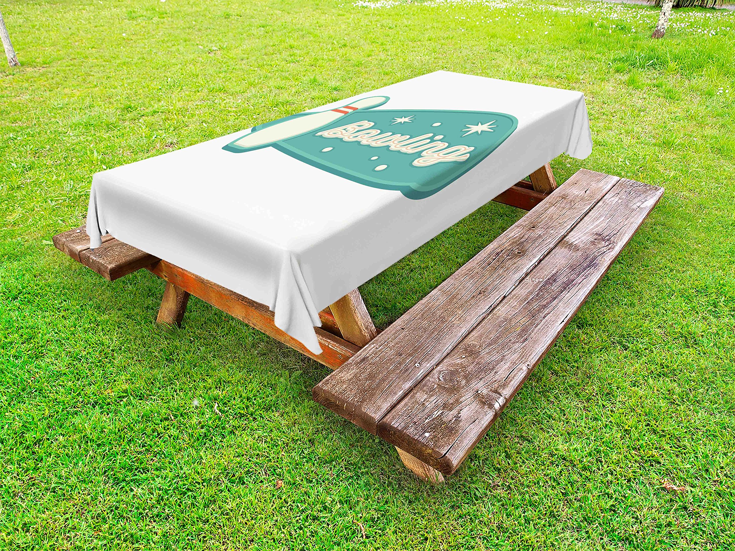 Ambesonne Vintage Bowling Tablecloth - Traditional American Style Sports Theme, Washable Picnic Table Cover 58x84 Inches, Seafoam Cream & Rust - Perfect for Outdoor BBQs, Picnics, and Bowling Alley Decor