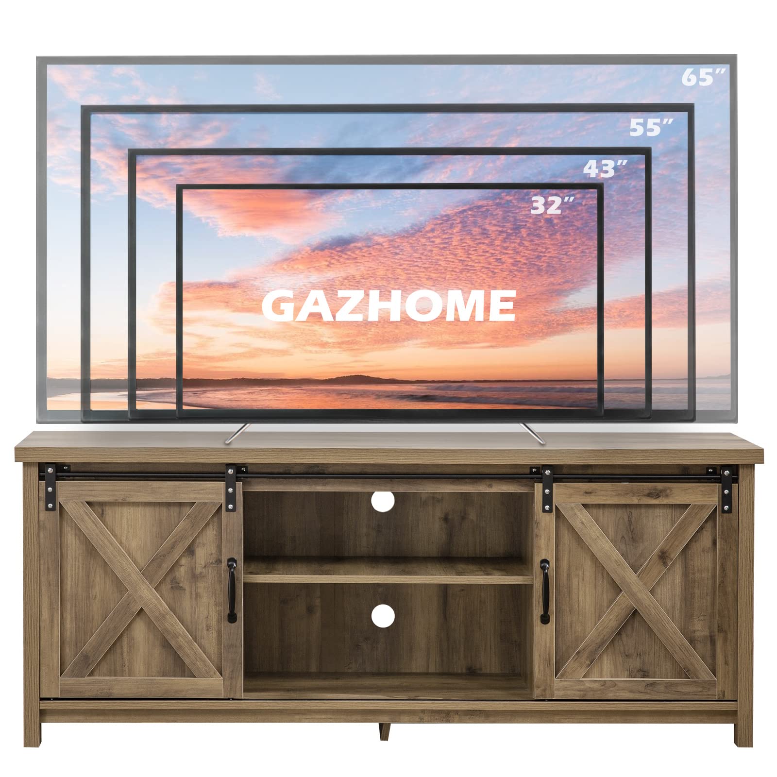 Rustic Farmhouse TV Stand with Sliding Barn Doors - 65 Inch Media Console with 2-Tier Storage Cabinets - Light Grey Entertainment Center for Living Room & Bedroom - Perfect for Home Theater Setup & Farmhouse Decor