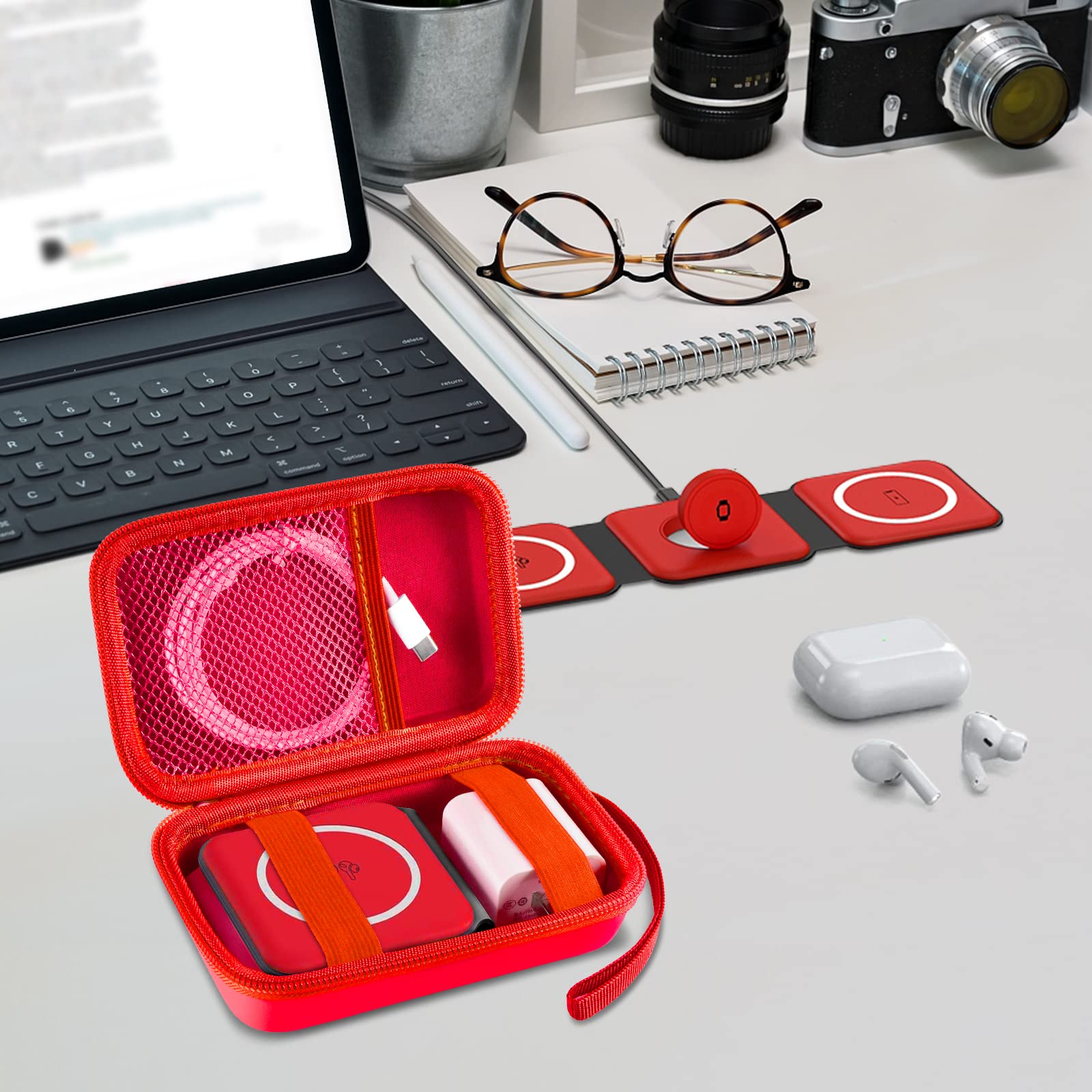 Foldable Magnetic Travel Case for UCOMX Nano, Iseyyox, LISEN & RTOPS 3-in-1 Wireless Charger - Fast Charging Station Storage Bag for Cables & Adapters (Red Box) - Perfect for Home, Office & Travel Accessories