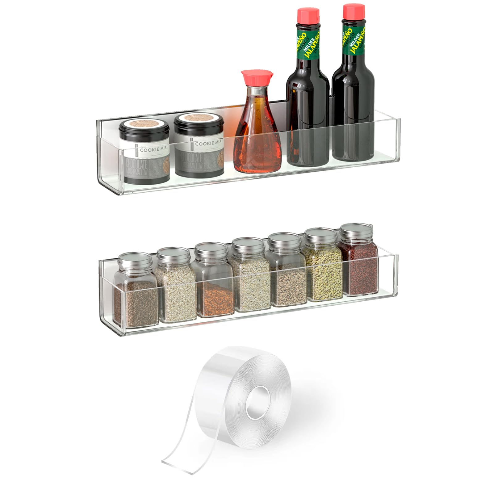 VAEHOLD Clear Adhesive Acrylic Spice Rack - 2 Pack Wall Mount Organizer with Nano Double Sided Tape & Shelf Ends for Kitchen Cabinet Door (11.8 Inch) - Perfect for Small Space Organization & Spice Storage